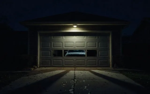 A garage door stuck part-open at night